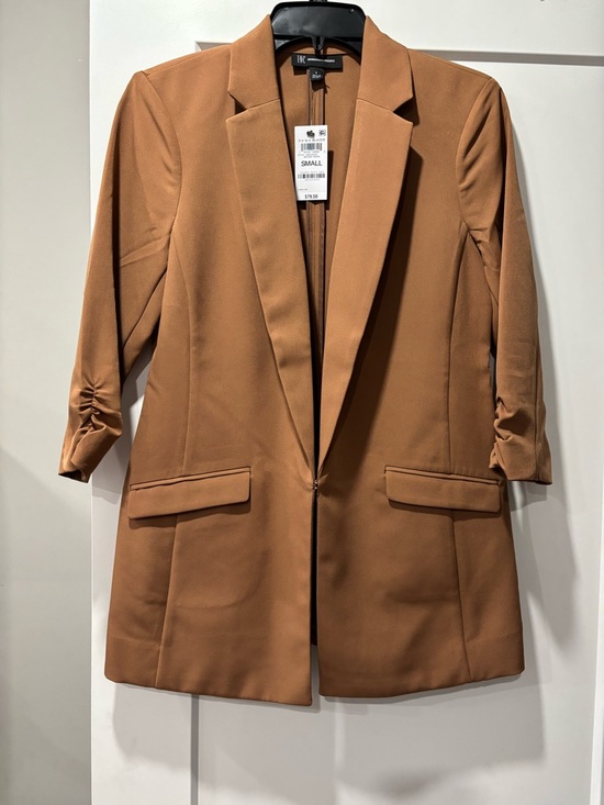 INC International Concepts Jackets & Blazers - INC International Concepts Tan Long Blazer with Ruched Sleeves- S